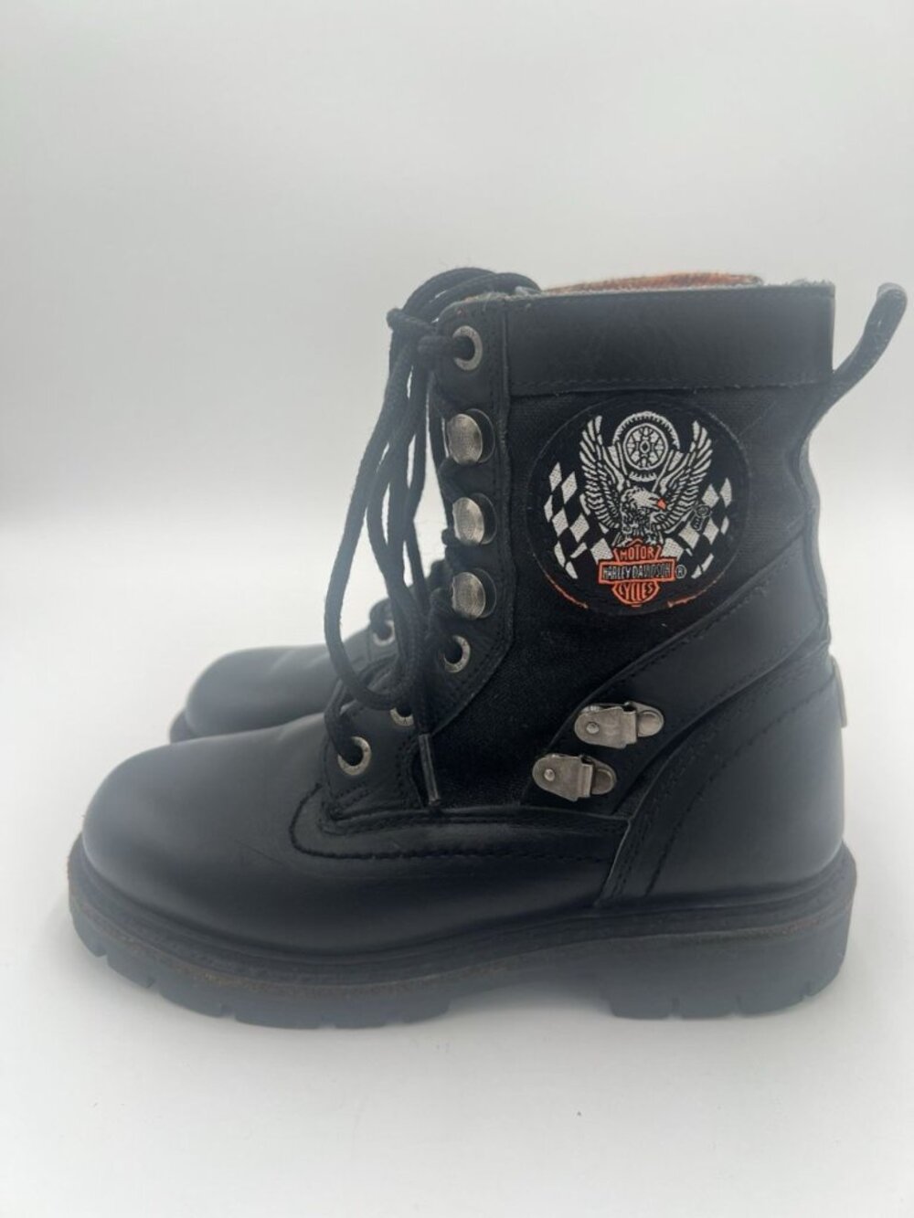 Harley Davidson Black Leather Motorcycle Boots Eagle Patch Lace Up Women's 7M